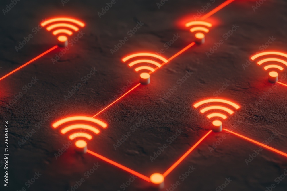 Poster Retro-Futuristic Network Illuminated Data Pathways on Dark Industrial Surface Smart City Tech Visualization for Business Innovation and Digital Network Solutions
