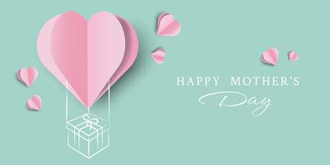 Happy Mothers Day Banner with Paper Cut Heart, Doodle Element and Modern Text. Happy Valentines Day Background in Origami Style. Vector Illustration Minimalistic Greeting Card Happy Women's Day.