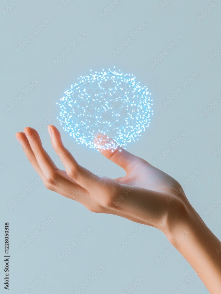 Poster Minimalist Tech Gesture Hand Reaching for Glowing Light Sphere with Particle Effects - Innovation in Digital Interaction for Business Breakthroughs