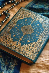 Fototapeta premium Decorative antique book with blue cover, featuring ornate designs and embossed patterns. Resting on beaded rosary.