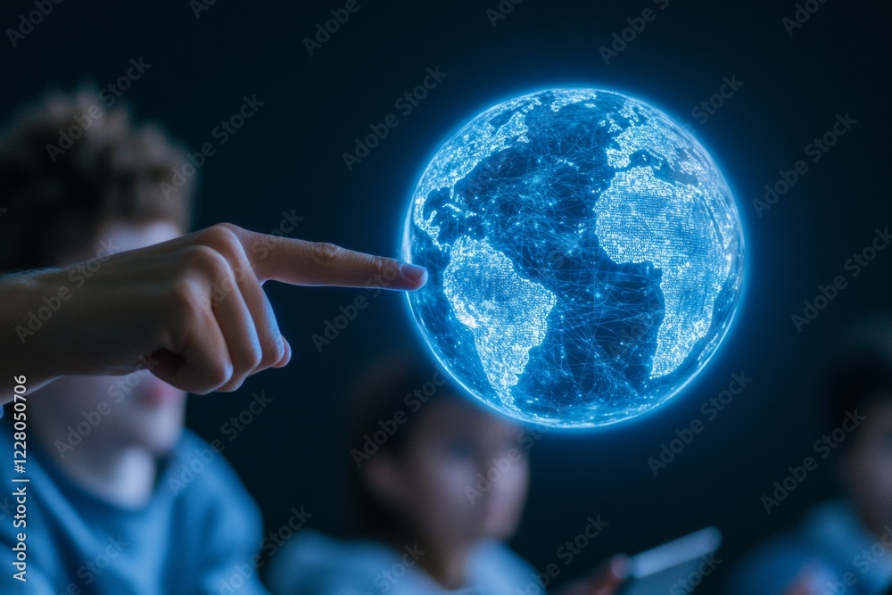 Leinwandbilder Holographic Globe Learning LED-Infused Interactive Classroom with Teens Discussing Data - Futuristic EdTech for Enhanced STEM Engagement