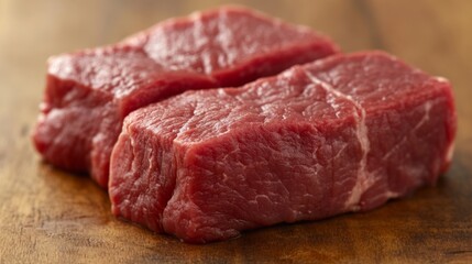 Obraz premium Two raw beef steaks on wooden board.