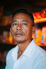 Fototapeta premium Cinematic Business Portrait Latino Entrepreneur in Dramatic Light - Visual Narratives for Small Business Empowerment and Urban Marketing Campaigns