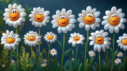 Fototapeta premium 3d render of white daisies with smiling faces in the field