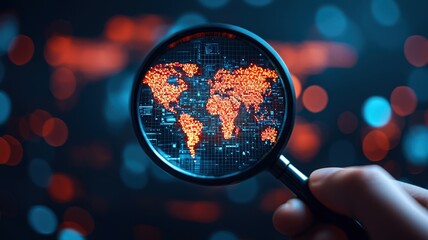A magnifying glass focuses on a digital world map, highlighted in orange against a blue background, symbolizing global connectivity and data analysis.