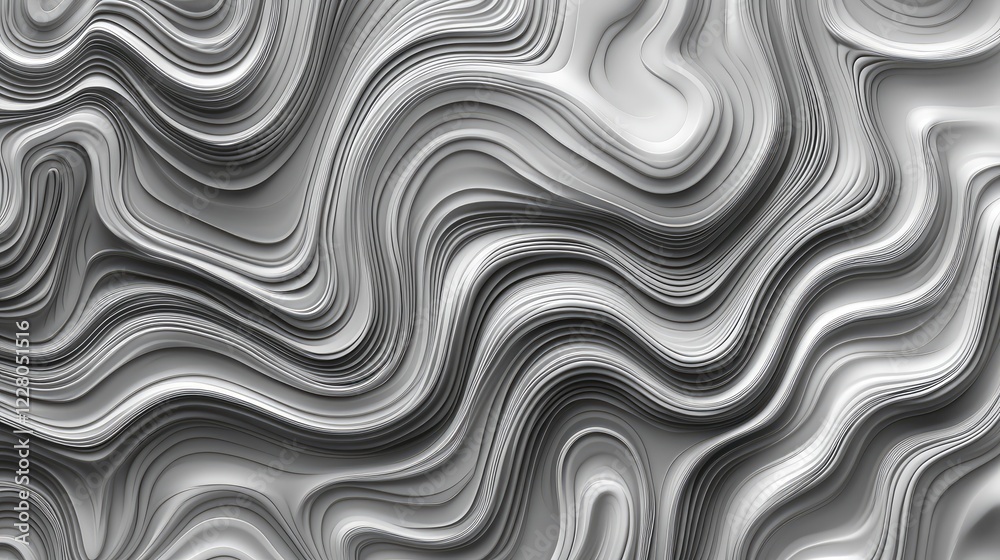 Poster smooth gradient of light gray to black with abstract metallic waves and soft tech-inspired curves.