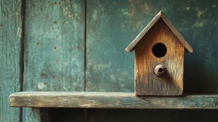 A small wooden birdhouse with a round hole and a small round knob on the front sits on a weathered wooden shelf.