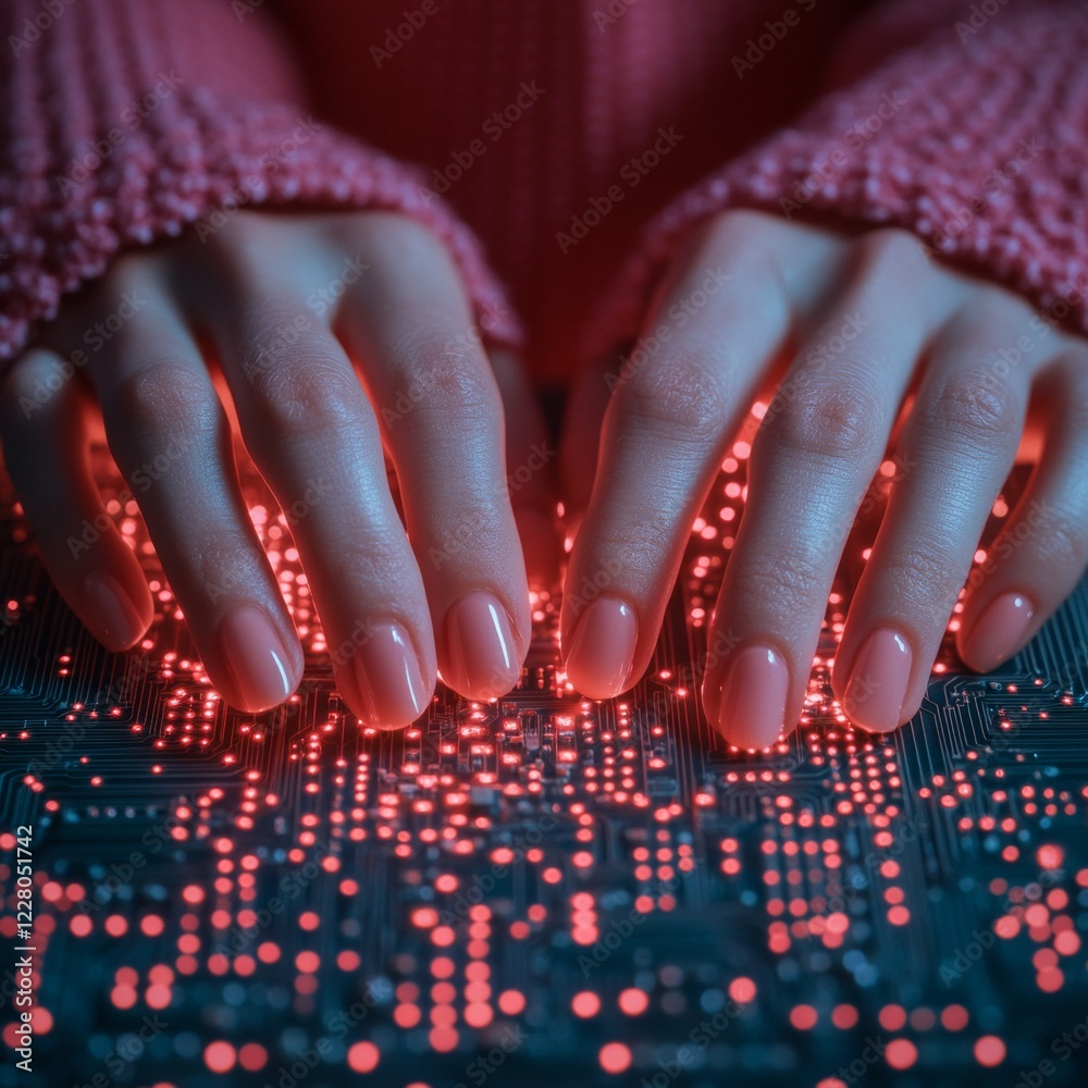 Poster cyber aesthetic innovation female hands typing on glowing circuit board - visualizing hardware encry