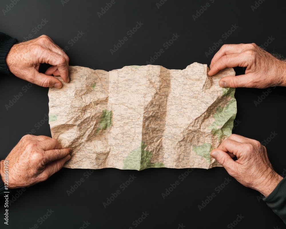 Poster Vintage Cartographic Map Navigation Textured Paper in Hands for Travel Strategy and Exploration - Heritage Mapping Concept for Authentic Travel Experience