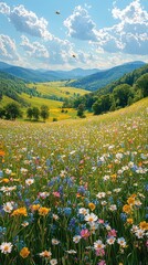 Obraz premium A vibrant meadow filled with colorful wildflowers under a bright sky.