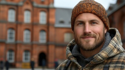 A man with a beard and a cozy knitted hat is smiling warmly. Behind him stands a beautiful historic brick building, creating a charming atmosphere in a city environment