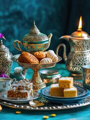 Fototapeta premium A vintage Turkish tea set with pastries and candies, suggesting a festive or ceremonial occasion.