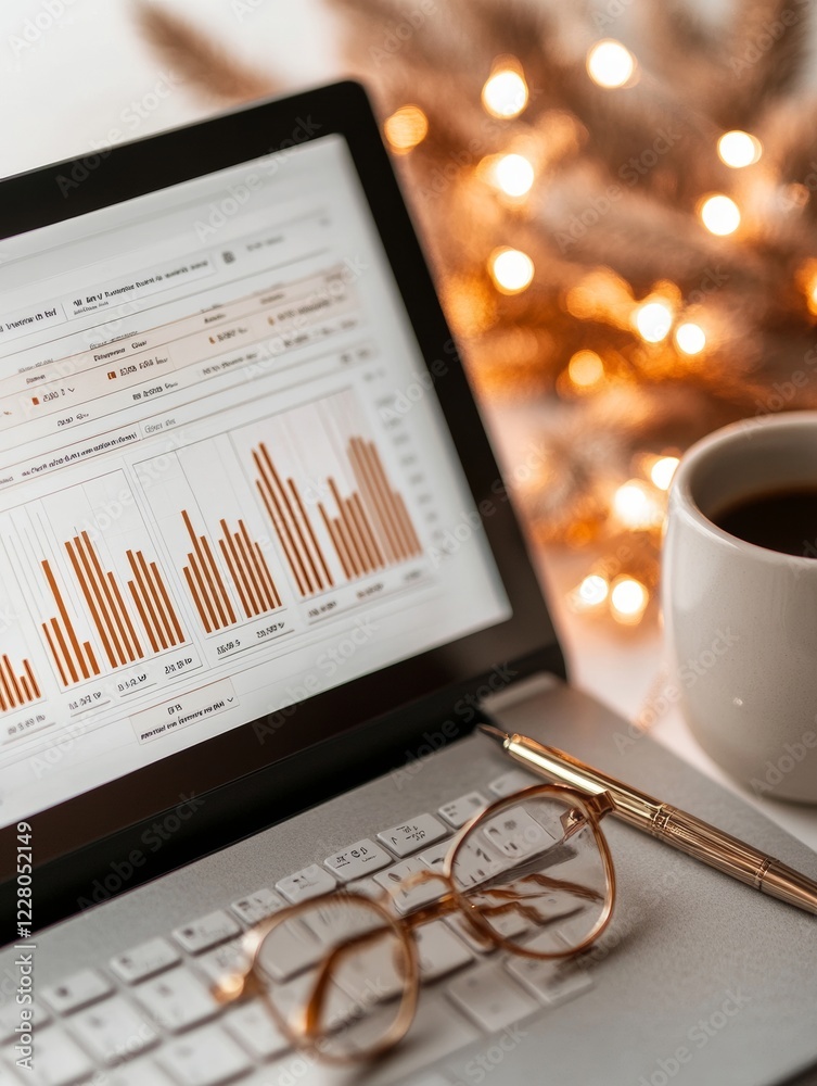 Poster warm minimalist workspace interactive financial dashboard on laptop - digital finance insights and s
