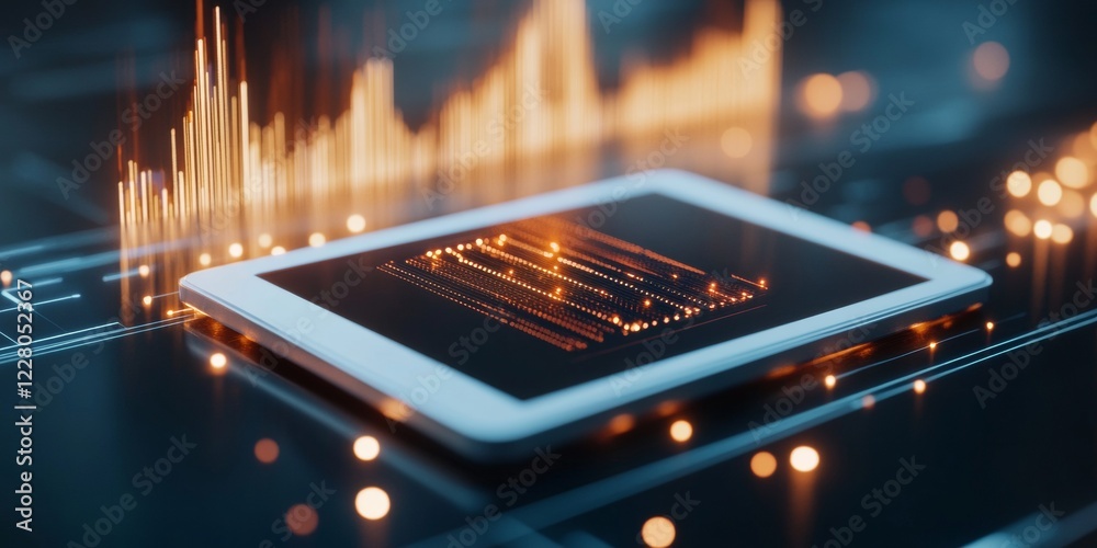 Poster Futuristic Digital Finance Interface Radiant Tablet and Smart Contract Ledger on Glass - Enhance Fintech Efficiency and Blockchain Integration for Modern Businesses