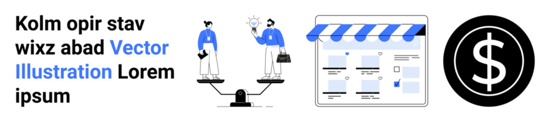 Two business people balancing work and ideas on a scale, an online storefront interface, and a dollar sign icon. Ideal for finance, e-commerce, work-life balance, productivity, business strategy