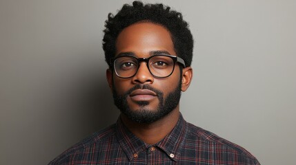 A man with curly hair and stylish glasses stands confidently in front of a neutral backdrop. He wears a plaid shirt and exhibits a calm, composed expression while being photographed