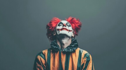 Fototapeta premium A creepy clown with red hair and white face paint looking upwards against a gray background.