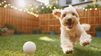 Sunlit Suburban Oasis Golden Dog Playtime in Urban Patio with Rustic Wood Elements and String Lights - Backyard Lifestyle Content for Modern Outdoor Branding