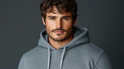 Fototapeta premium A young man stands confidently, showcasing relaxed charm in a gray hoodie. His tousled hair and gaze suggest a casual yet focused demeanor. The neutral backdrop highlights his features