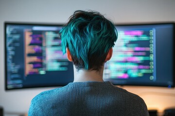 A programmer with teal hair intently focuses on lines of code displayed on a large monitor.
