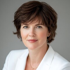 Senior executive woman with short brown hair, wearing a crisp white blazer, poised and commanding presence 
