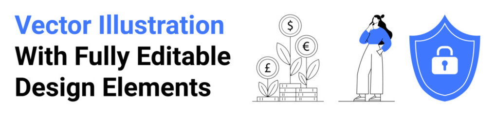 Woman holds phone, coin plant marks financial growth, blue shield with lock signifies security. Ideal for finance, banking, investment, cybersecurity, savings, customer service flat landing page