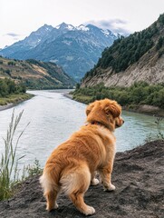 Golden dog on outdoor trail looking down a river valley with mountain range in background. Hiking companion.