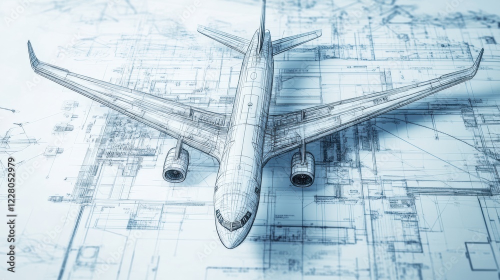 Fototapete detailed technical blueprints showcasing airplane design with annotated specifications on a blueprin