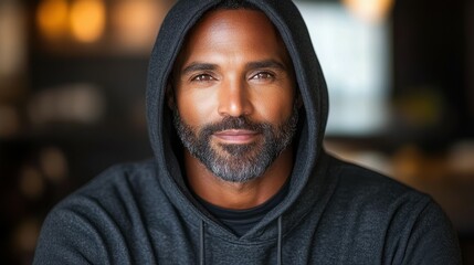 Fototapeta premium A man with a well-groomed beard and a hooded sweatshirt sits comfortably indoors. He smiles warmly, reflecting confidence and an inviting demeanor amidst a softly lit background