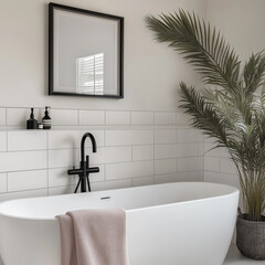 Frame Mockup Minimalist bathroom with freestanding tub | White subway tiles, black fixtures, large potted plant, and soft pink towel, modern spa-like interior, calming home decor inspiration.