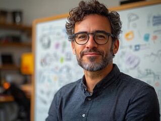 Innovative and Bold Startup Founder Standing Before a Whiteboard of Ideas