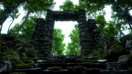 Ancient stone archway surrounded by lush green forest, evoking a sense of mystery and tranquility