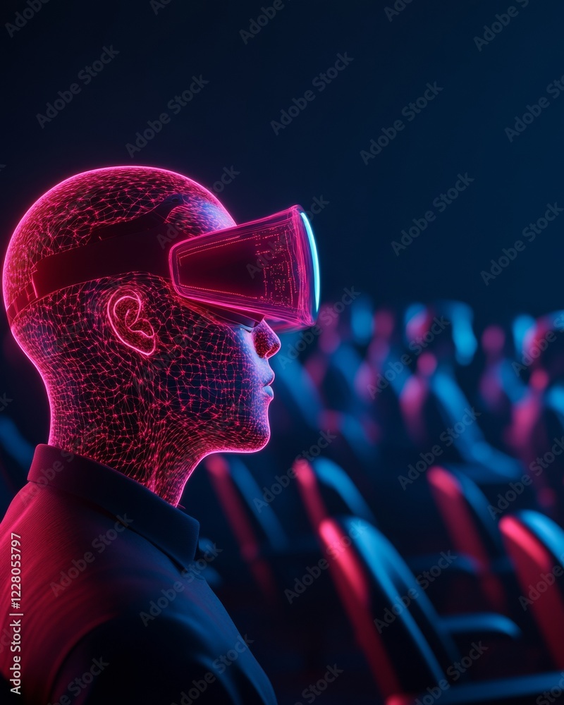 Poster neon-tech lecture hall ar-enhanced vr headset experience in high-tech auditorium - edtech innovation