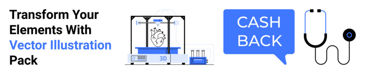 3D printer creating heart model, laboratory equipment, stethoscope, and cashback icon. Ideal for technology, healthcare, innovation, biomedicine, savings futuristic lab visuals flat landing page