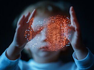 Interactive Augmented Reality Child Engages with Holographic Touch Display for Innovative Learning in Education - Digital Immersive Experience and Future-Ready Tech in Classrooms