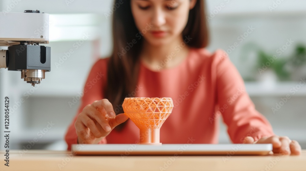 Poster innovative workspace for printing indian woman in mid-30s designs cad models with sustainable materi