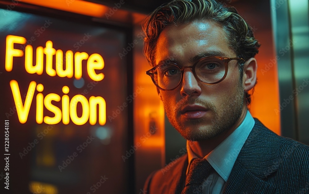 Wall mural Confident Startup Founder Stands Before Glowing  Future Vision  Elevator Doors