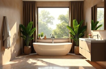 Fototapeta premium Modern bathroom in the house with accessories and fittings in the trendy color Mocha Mousse.