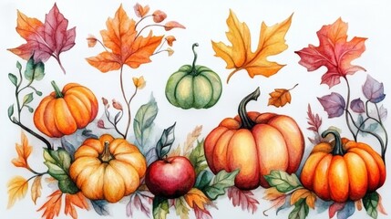 Watercolor autumn leaves and pumpkins set