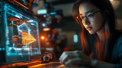 Sleek Architectural Printing East Asian Woman in Tech Workspace with Metallic Accents Modeling Holographic Designs - Innovative Aesthetic for Modern Design Professionals