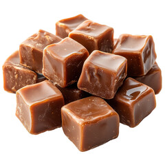 Sweet chocolate caramels arranged in a stacked formation on a plain white background isolated on transparent background