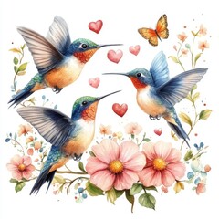 Beautiful watercolor illustration with cute hummingbirds and flowers on a white background