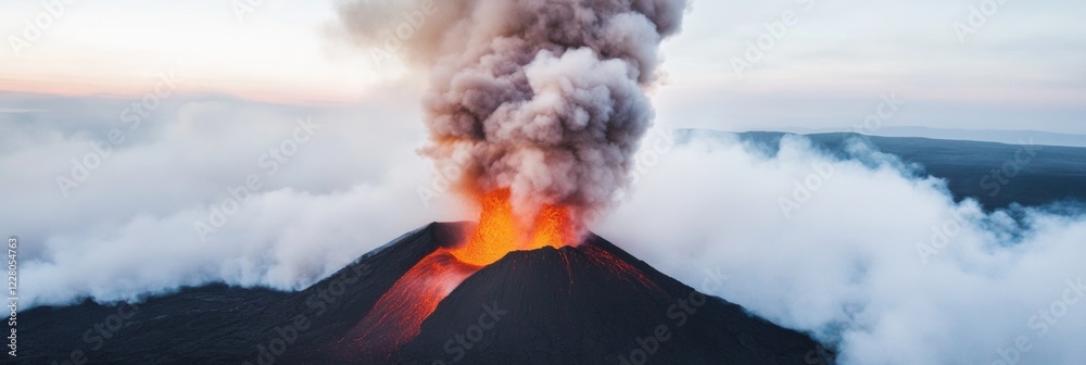 Poster minimalist volcanic eruption visualization molten lava flow and ash cloud for educational content an