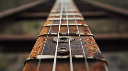 Close-up of a rusty, weathered guitar neck with strings.
