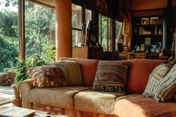Fototapeta premium Elegant couches and lounge chair set with intricate designs, ideal for indoor and outdoor relaxation areas.