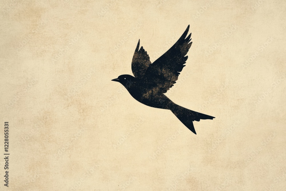 Aufkleber black silhouette of a bird in flight against a textured beige background at dusk. generative ai