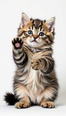 Fluffy British Shorthair kitten, playful pose, white backdrop, tabby, whiskers