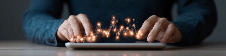Futuristic Data Visualization on Tablet Interactive Touchscreen with Glowing Analytics for Business Strategy Insights - Commercial Tech Solutions for Modern Marketing Dynamics