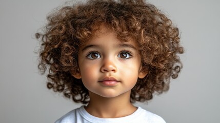Naklejka premium A child with curly, voluminous hair gazes directly at the viewer. The soft expression and bright eyes convey curiosity and innocence in a calm, minimalistic environment