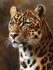 A majestic jaguar with piercing eyes looking forward. Its coat is a mix of brown and black spots, with distinctive striped markings on its face.